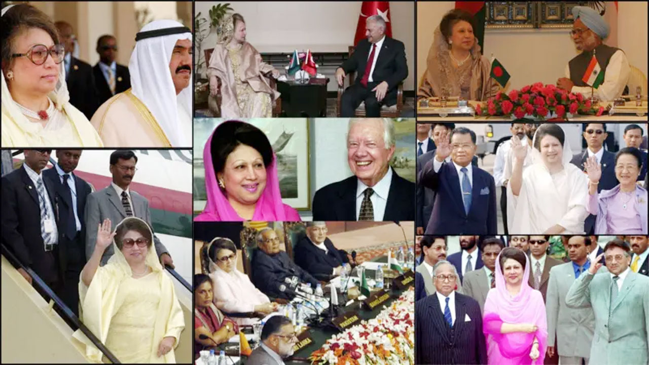 ছবিতে বিভিন্ন সময় অন্য দেশের নেতাদের সাথে খালেদা জিয়া